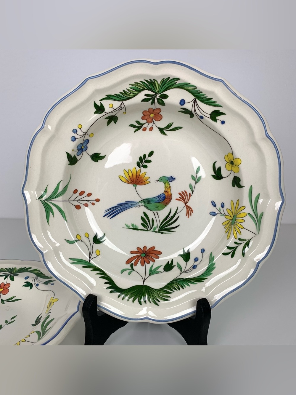 Set Of 2 Gien Shallow Bowls “Oiseaux De Paradis” Birds Floral France French 9”